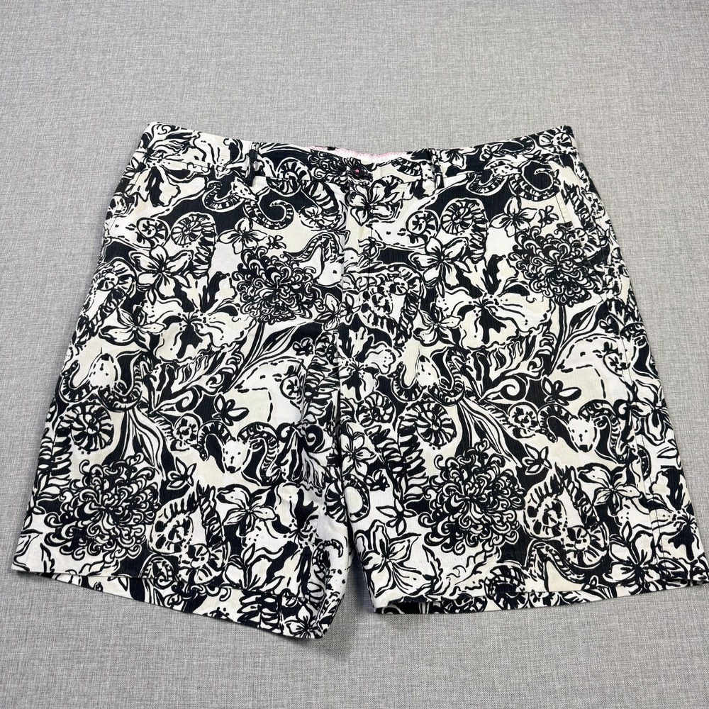 Lilly Pulitzer Chino Shorts Men 40 White Black Floral Cotton Flat Front 7 Inseam